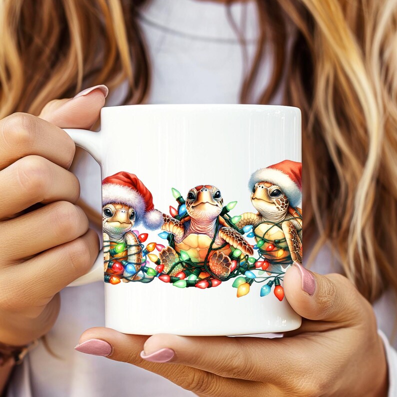 Zeeschildpad kerst PNG Schattige kerstman schildpad sublimatie feestelijke vakantie Digitale download voor shirts mokken Ambachten Stickers en meer afbeelding 3