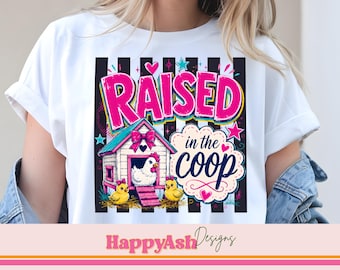 Aufgezogen im Coop PNG, Hühnerliebhaber-Shirt Grafik, niedliche Henne und Küken Sublimationsdesign, Retro Farm digitaler Download
