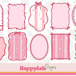 Könnte beinhalten: Eine Sammlung rosa und roter dekorativer Rahmen mit verschiedenen Formen und Designs. Einige Rahmen weisen Herzmuster, Schleifen und gewellte Kanten auf. Der Text "HappyAsh Designs" befindet sich unten.