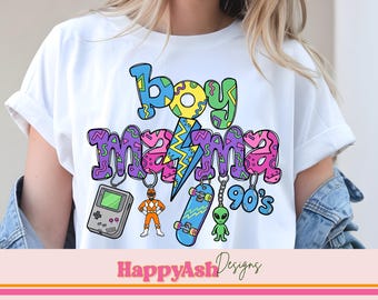 Retro 90s Boy Mama PNG Funky Lightning Bolt Schriftzug mit Vintage Spielzeug, Skateboard Nostalgie Mama Life Design 90s mama png