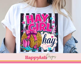 Hay Girl PNG, Western Cowgirl Shirt Grafik, Heuballen und Stiefel Sublimationsdesign, Pink Country Farm Digital Download