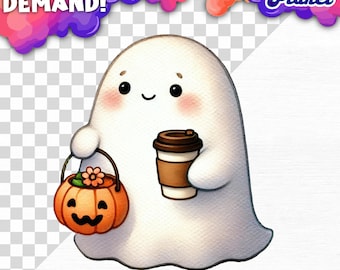 Straszny i słodki duch na Halloween PNG Duch Clipart Duch z kawą Sublimacja Akwarela Duch Pobierz cyfrowo Jesteś moim