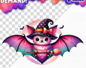 Cute Bat witch Sublimation PNG Halloween Pink Purple Teal Halloween Clipart Cute Halloween PNG Transparent Halloween PNG Digital Download