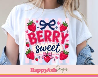 Beere Sweet PNG, süße trendige Retro Erdbeer-Shirt Grafik, Kokette Schleife Sublimationsdesign, rosa gestreifte Frucht digitaler Download