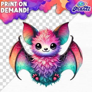 May include: A colorful, fuzzy bat with large, iridescent wings. The bat has pink, purple, and blue fur and large, black eyes. The wings are a gradient of green, blue, and purple.