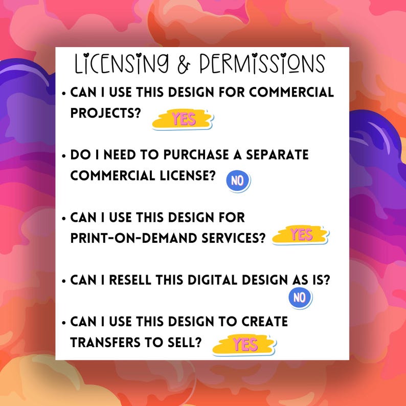 Może przedstawiać: Grafika z r&oacute;żowym, pomarańczowym i niebieskim tłem. Na g&oacute;rze znajduje się tekst "LICENSING & PERMISSIONS". Grafika zawiera pięć pytań dotyczących komercyjnego wykorzystania projektu, z odpowiedziami "TAK" lub "NIE" w kolorowych okręgach.