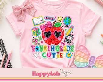 Vierte Klasse Cutie PNG, bunte Schul-Shirt-Grafik, niedliches Apfel-Sublimationsdesign, zurück in der Schule digitaler Download