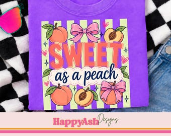 Süß wie ein Pfirsich PNG, süße trendige Retro Pfirsich Shirt Grafik, Kokette Schleife Sublimationsdesign, gestreifte Frucht digitaler Download