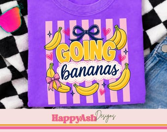 Gehende Bananen PNG, süßes trendiges PNG, Retro-Obst-Bananen-Shirt-Grafik, rosa gestreiftes Sublimationsdesign, Kokettschleife digitaler Download