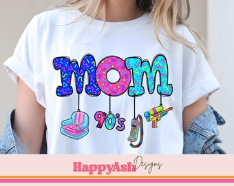 Retro 90er Jahre Mom PNG Shirt Design mit Vintage Spielzeug Telefon Bunt Nostalgisch Mom Life Design