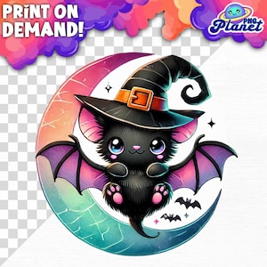 May include: A cute cartoon black bat wearing a witch's hat with an orange band and a crescent moon behind it. The bat has pink wings and is holding onto the moon with its feet. The background is a colorful gradient of pink, blue, and green.