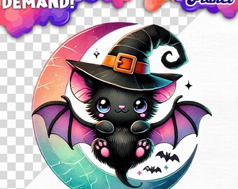 Sublimación de murciélago gatito PNG Halloween rosa púrpura verde azulado Clipart de Halloween Lindo PNG de Halloween Transparente PNG de Halloween Descarga digital