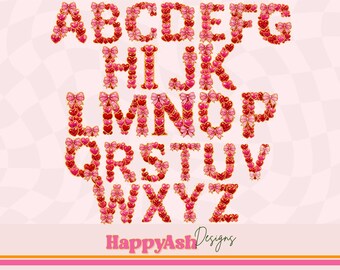 Coquette hart alfabet PNG-bundel, Valentijn strikletters A–Z, roze en rood hart alfabet clipart, Y2K coquette letter set