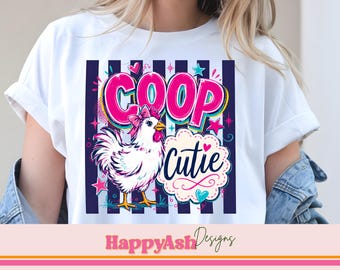 Coop Cutie Huhn PNG, Retro Farm Shirt Grafik, süßes Huhn Sublimationsdesign, rosa Marinestreifen, kommerzielle Nutzung digitaler Download