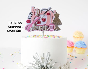 Sewing Theme Birthday Cake Topper - Personalised Birthday Party Decor | Fabric Sewer Sew Cake | Grandma, Mum Cake Decoration