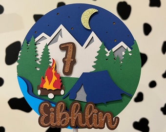 Camping Adventure Cake Topper - Personalised Birthday Party Decor | Mountain Outdoors Birthday Party | Wilderness Party Cake Decoration