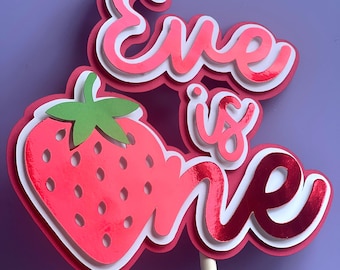 Adorno para tarta de primer cumpleaños con diseño de fresa: adorno personalizado con nombre, dulce decoración de bayas para primer cumpleaños, fiesta temática de fresas