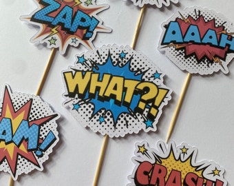 Comic Book Strip Cupcake/Cake Toppers - Llamada a la acción / Superhero cupcake toppers