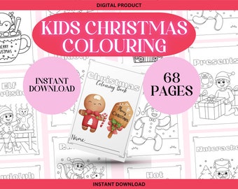 Può includere: Un elenco di prodotti digitali per un libro da colorare di Natale stampabile per bambini. La copertina presenta un omino di pan di zenzero che tiene un bastoncino di zucchero e un cartello che dice "Buon Natale". L'elenco include 68 pagine di divertimento da colorare.