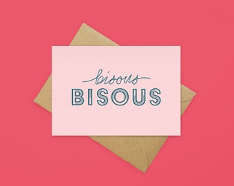Eco-friendly kisses card bisous bisou pink hand drawn type recycled card love anniversary