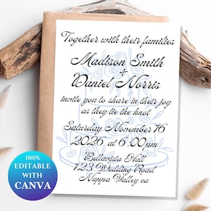 Plantilla de invitación de boda con caligrafía / Invitación editable en Canva / Boda minimalista / Carta manuscrita / Diseño elegante de invitación / Garabato