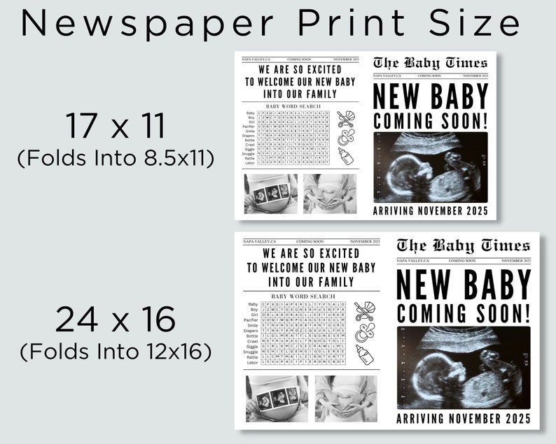 New Baby Announcement Newspaper, Baby On the Way Pregnancy Reveal Custom Newspaper Template for Baby Shower, Large newspaper baby, Canva zdjęcie 4