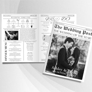 May include: A black and white newspaper style wedding announcement for Ashley & Travis. The headline reads "The Wedding Post, The Wedding of the Year!" with a photo of the couple embracing. The announcement includes the date "23rd May, 2015" and the location "NAPA VALLEY, CA".