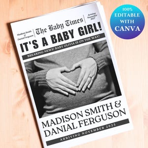 Newspaper Pregnancy Announcement, Baby On the Way Pregnancy Reveal Custom Newspaper Template for Baby Shower, Large newspaper baby, Canva