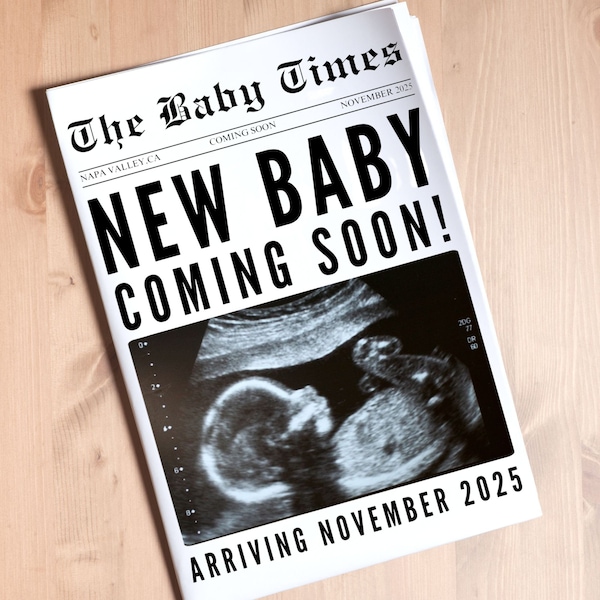 Neues Baby Ankündigung Zeitung, Baby auf dem Weg Schwangerschaft enthüllen benutzerdefinierte Zeitung Vorlage für Baby Party, große Zeitung Baby, Canva