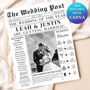 Modello di programma di matrimonio in stile giornale, programma di matrimonio in stile giornale modificabile, programma di matrimonio fronte-retro, modifica in Canva per il programma di matrimonio in stile giornale, fai da te