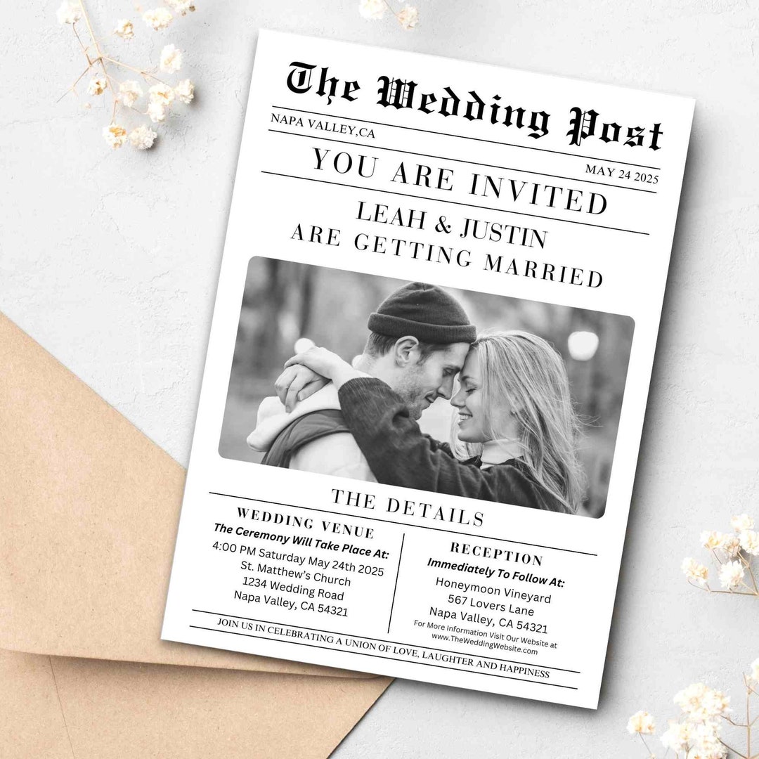 Newspaper Wedding Invitation Template, Newspaper Invitations, Editable Template, Modern Classic Printable, Elegant INSTANT Download 8303 - Etsy