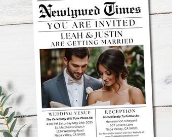 Wedding Newspaper Invitation Template Bundle, RSVP Details Card, Wedding Invite QR Code Modern Printable, Customizable Stationary, LM1003