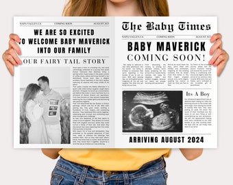 Newspaper pregnancy announcement template, New Baby Coming, Canva newspaper pregnancy announcement Baby shower games editable Newspaper 8310