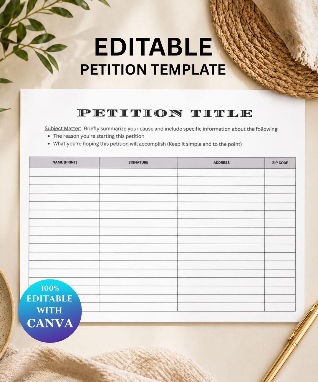 Editable Petition Template, Printable Petition Form, Sign up Sheet ...