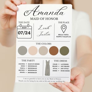 Modèle de carte d’information de demoiselle d’honneur, carte d’information de fête nuptiale modifiable, carte d’information de demoiselle d’honneur minimaliste moderne, carte de proposition de demoiselle d’honneur, bricolage