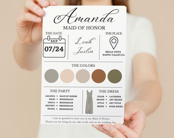 Bridesmaid Info Card Template, Editable Bridal Party Info Card, Modern Minimalist Bridesmaid Information Card, Bridesmaid Proposal Card, DIY