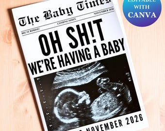 Newspaper Pregnancy Announcement, Baby On the Way Pregnancy Reveal Custom Newspaper Template for Baby Shower, Large newspaper baby, Canva