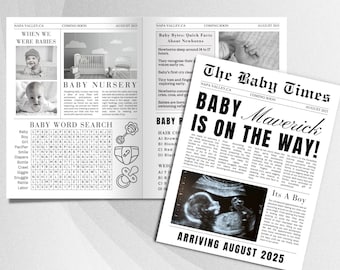 Newspaper pregnancy announcement template, Large newspaper baby announcement, New Baby Coming, Baby shower games editable Newspaper  8310