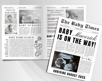 Newspaper pregnancy announcement template, Large newspaper baby announcement, New Baby Coming, Baby shower games editable Newspaper  8310