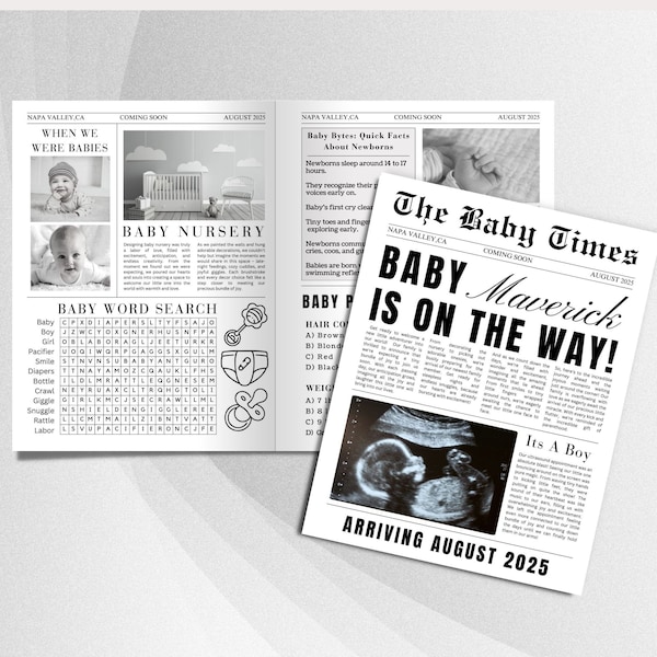 Newspaper pregnancy announcement template, Large newspaper baby announcement, New Baby Coming, Baby shower games editable Newspaper  8310