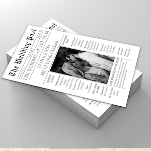 K&ouml;nnte beinhalten: Eine schwarz-wei&szlig;e Hochzeitsanzeige im Zeitungs-Stil f&uuml;r Leah und Justin. Die Anzeige enth&auml;lt ein Foto des Paares, eine Liste der Hochzeitsereignisse und eine Liste der Hochzeitsg&auml;ste.