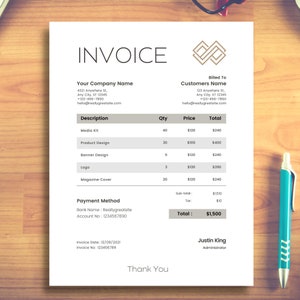 Invoice Template, Modern and Professional Invoice , Business Invoice, Customizable and Printable Bookkeeping documents, Small Business #8305