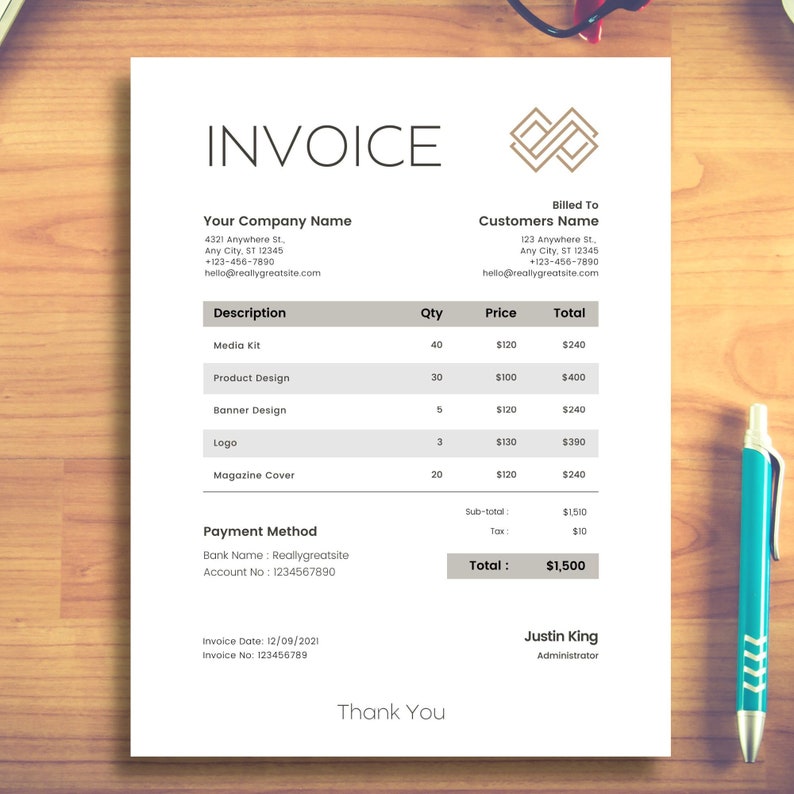 Justin Invoice Invoice Template, Modern and Professional Invoice , Business Invoice ...