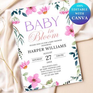 Invito per baby shower, invito "Baby in Bloom", invito per baby shower con fiori, invito per baby shower con fiori di campo, modello modificabile per bambino e bambina