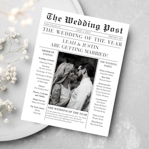 May include: A black and white wedding newspaper titled "The Wedding Post" with the headline "The Wedding of the Year." It features a photo of a couple and details of the wedding ceremony, including the order of events and wedding party.
