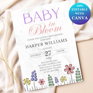 Invito "Baby in Bloom", invito per baby shower, invito per baby shower con fiori, invito per baby shower con fiori di campo, modello modificabile per bambino e bambina