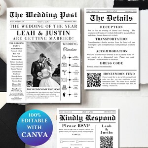 Wedding Newspaper Invitation Template Bundel, Program, RSVP Details Card, Wedding Invite QR Code Modern Printable, Customizable Stationary