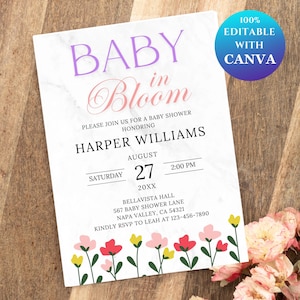 Modello di invito "Baby in Bloom" / Invito per baby shower floreale / Modello Canva modificabile / Download digitale / Baby shower per bambine / Baby shower per bambini