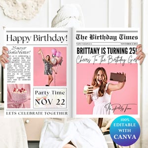 Geburtstags-Zeitungseinladungsvorlage, bearbeitbarer Zeitungsgeburtstag, Canva, große Zeitungsvorlage, Geburtstagszeitung für die Fotografie