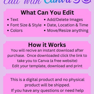 K&ouml;nnte beinhalten: Rosa und violette Grafik mit dem Text "Edit With Canva" und "What Can You Edit". Die Grafik listet bearbeitbare Funktionen wie Text, Schriftgr&ouml;sse, Farben, Bilder, Datum, Ort und Uhrzeit auf. Sie erkl&auml;rt auch, wie man die Vorlage verwendet, die ein sofortiger Download ist, der in Canva bearbeitet werden kann.